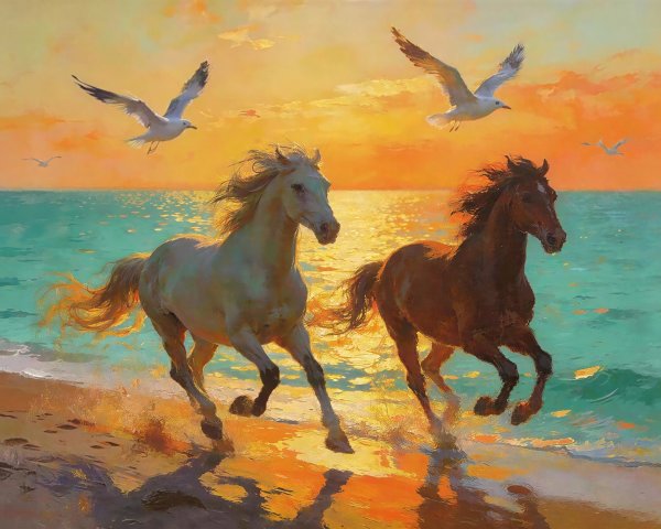 Horses Galloping Through Water at Sunset on Beach