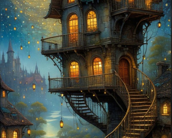 Whimsical Fairy-Tale House on a Hill at Twilight