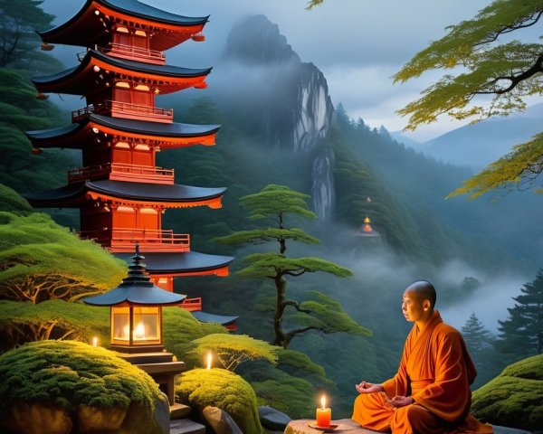 Misty Landscape with Monk and Red Pagoda