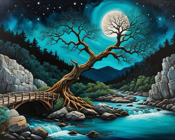 Mystical Moonlit Night with Ancient Tree and River