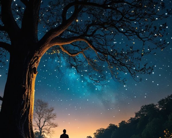 Man gazing at ancient tree under starry night sky