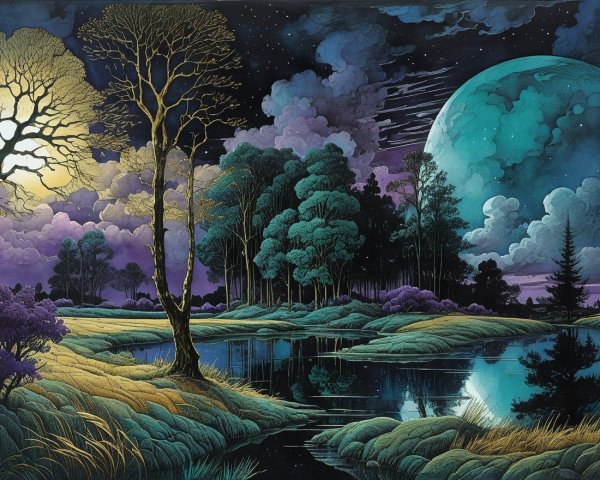 Serene Night Landscape with Glowing Blue Planet