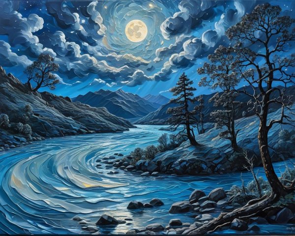 Serene Landscape with River and Full Moon at Night