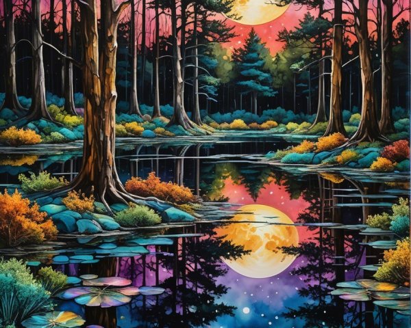 Twilight Landscape with Trees and Reflective Water