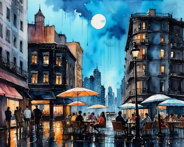 Urban Night Scene with Rain and Soft Moonlight