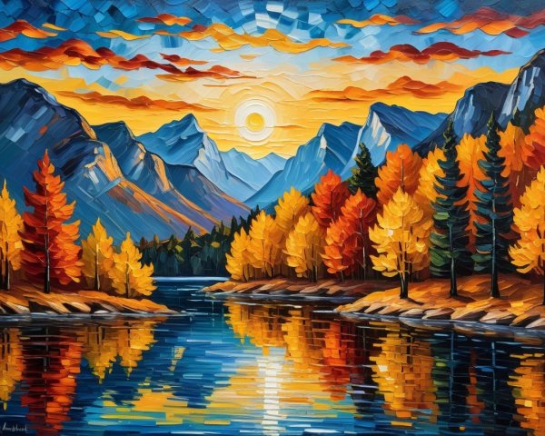 Vibrant Autumn Landscape with Serene Lake and Mountains