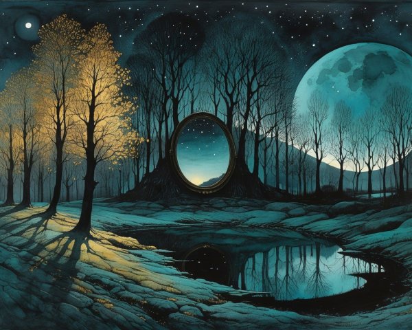 Twilight Landscape with Moon and Mystical Portal