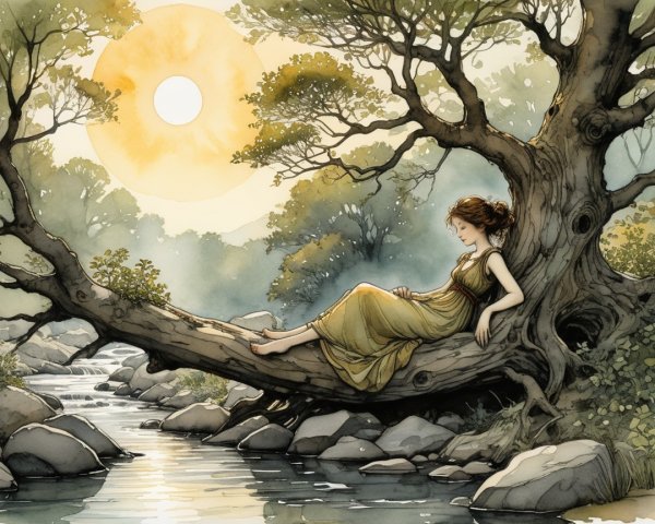 Young Woman Relaxing on Tree Branch by Stream