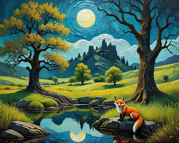 Hyper-realistic Autumn Forest Scene with Fox and Castle