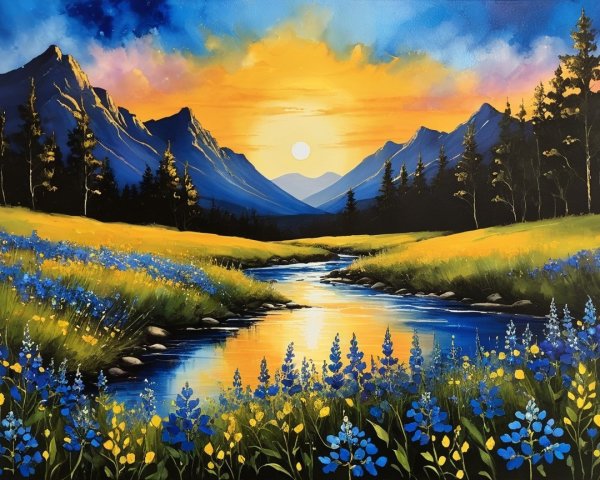 Vibrant Sunset Over Majestic Mountains and River