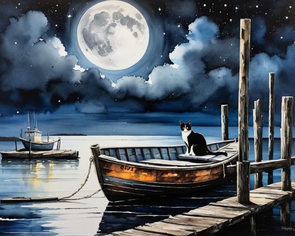 Tranquil Lakeside Scene with Moonlit Waterway and Cat