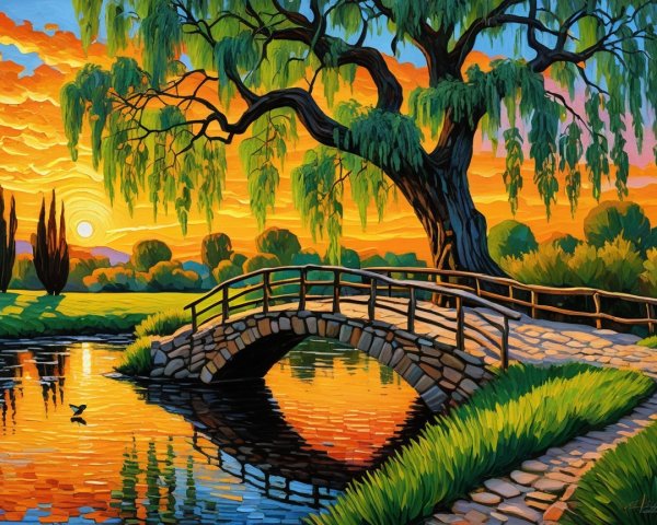 Tranquil Sunset Landscape with Stone Bridge and Pond