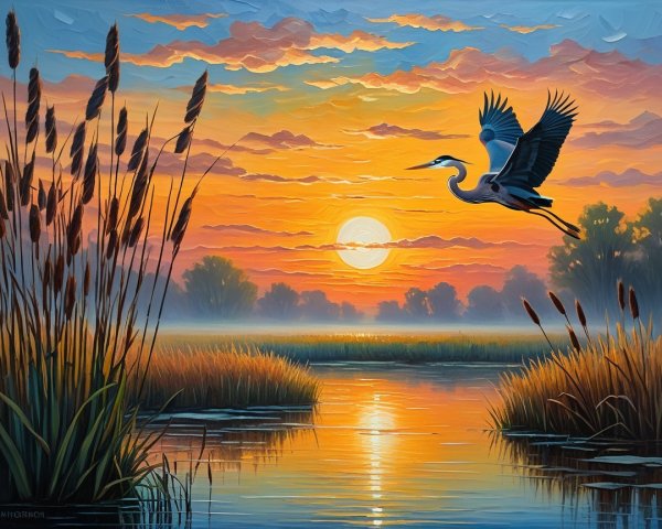 Serene Sunset Over Tranquil Waterway with Heron