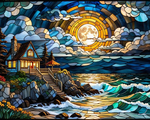 Stained Glass Artwork of a Tranquil Seaside Scene