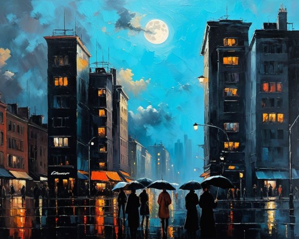 Nighttime Cityscape with Moon and Rain-Soaked Streets