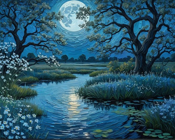 Tranquil Night Scene with Moonlit River and Flora