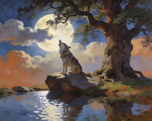 Oil Painting of a Wolf Howling Under a Full Moon