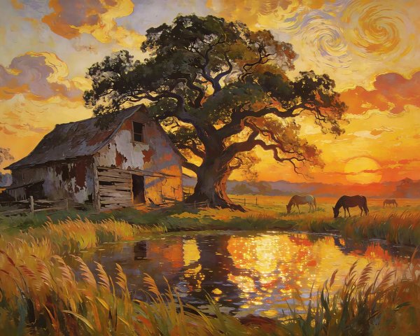 Weathered barn and gnarled tree at sunset scene
