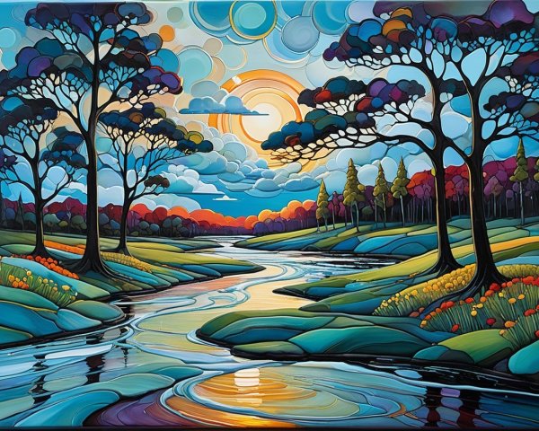 Vibrant Landscape with Serene River and Colorful Forest