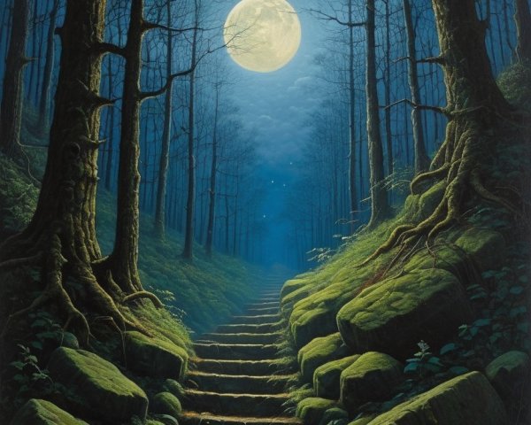 Serene forest scene illuminated by a full moon