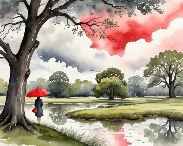 Serene landscape with person by calm lake and umbrella