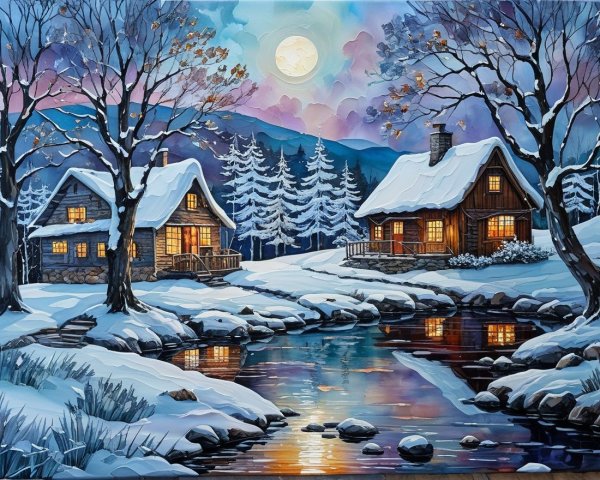 Serene winter landscape with cozy cottages and snow