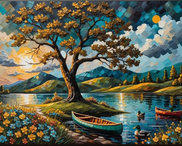 Vibrant Tree and Lake in Serene Landscape Scene
