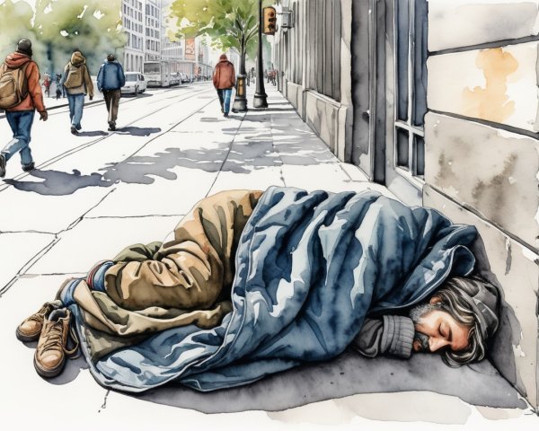 City Sidewalk Scene with Homeless Man and Urban Life