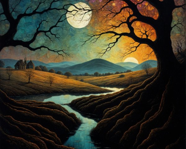 Surreal Twilight Landscape with Twisted Trees and River