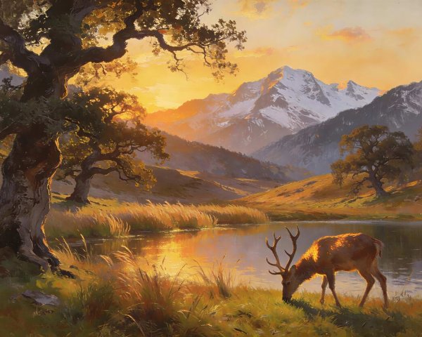 Tranquil Mountain Landscape with Red Stag at Sunset