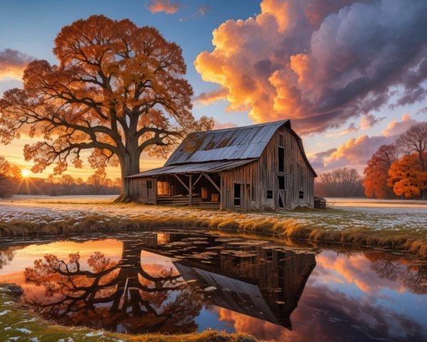 Rustic barn by tranquil pond in autumn sunset