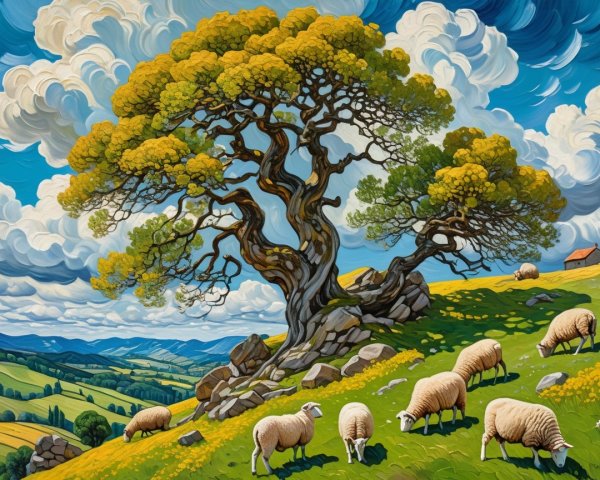 Vibrant Landscape with Tree, Sheep, and Rolling Hills