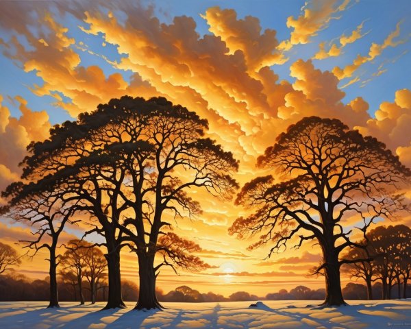 Vibrant Sunset Over a Winter Landscape with Snow