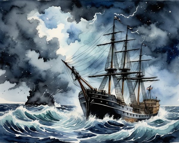 Majestic sailing ship in turbulent seas and stormy sky