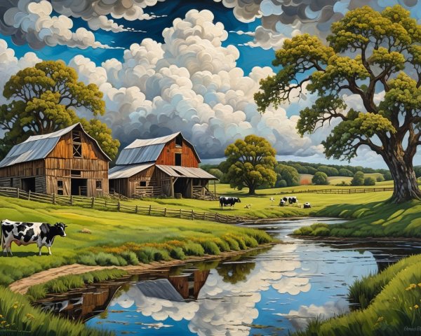 Serene Rural Landscape with Green Fields and Barns