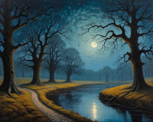 Moonlit Landscape with Stone Path and Bare Trees