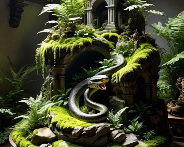 Indoor Landscape with Moss, Snake, and Ferns