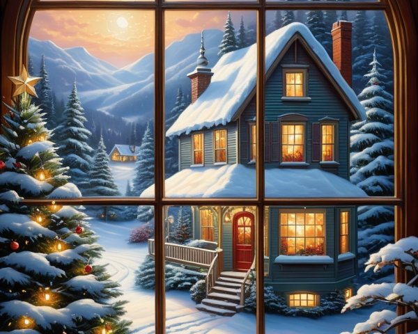 Winter Scene Through Arched Window with Cozy Details
