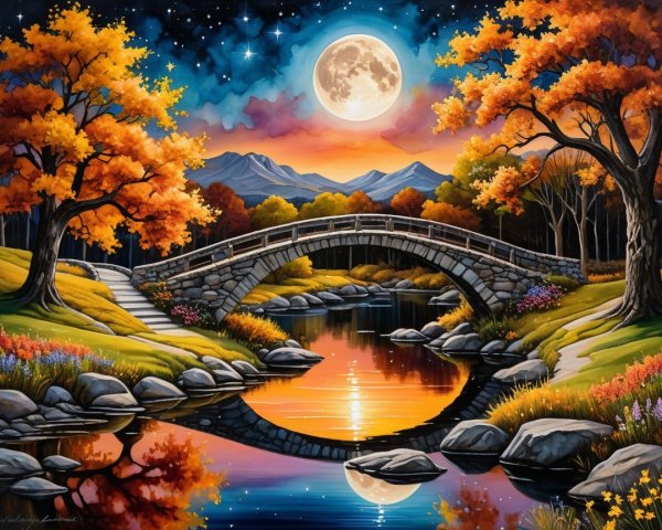 Autumn Scene with Stone Bridge and Tranquil River
