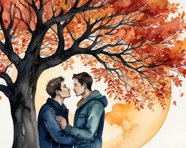 Young men sharing a tender moment under autumn leaves