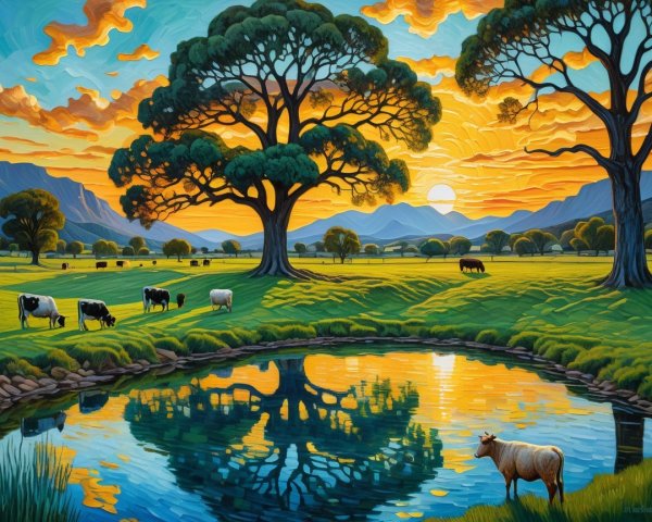 Vibrant Impressionistic Sunset Landscape with Cows