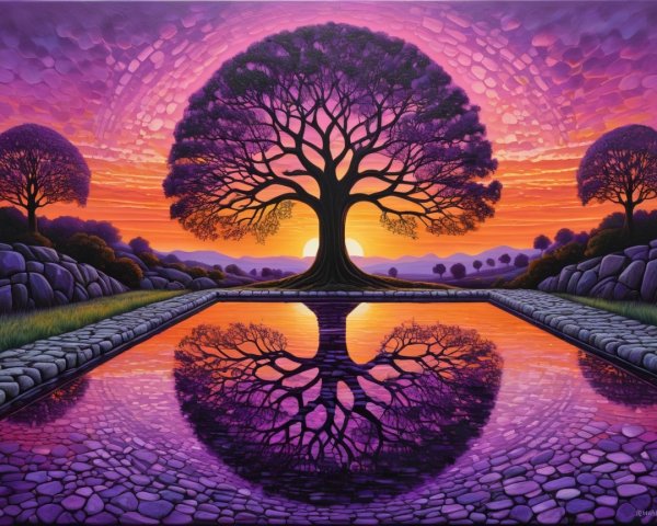 Vibrant Sunset Over Majestic Tree and Calm Pond