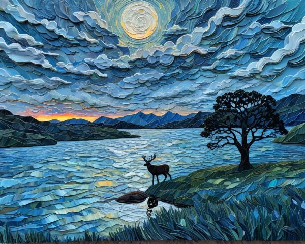 Tranquil Landscape with Lake, Mountains, and Stag