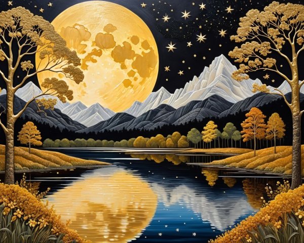 Serene Night Landscape with Golden Full Moon and Mountains