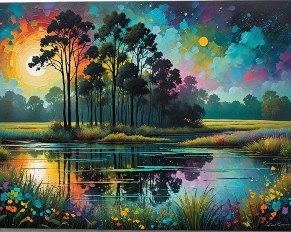 Serene Lake Landscape with Colorful Sky and Flora