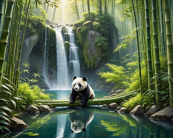 Panda in a Tranquil Bamboo Forest with Waterfall