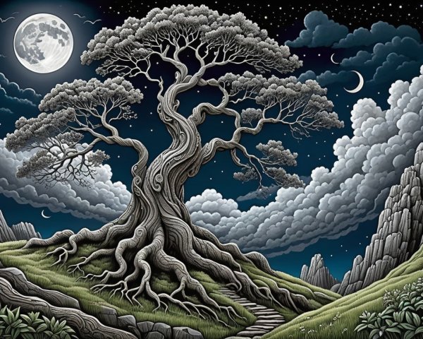 Majestic Old Tree Under Dramatic Night Sky