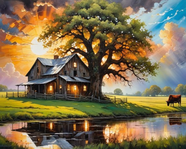 Rural Scene with Barn, Pond, and Sunset Sky