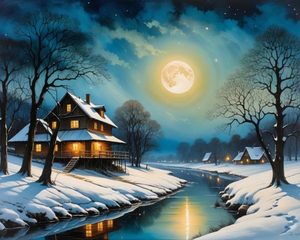 Cozy Winter Night Scene with Snow and Moonlight