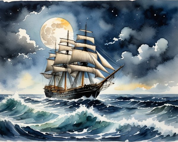 Tall Ship Sailing Through Moonlit Turbulent Waters